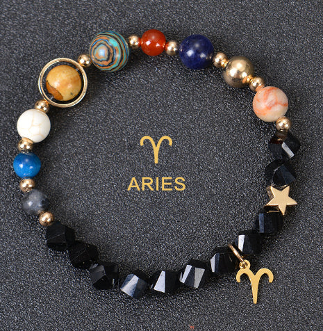 Carry the energy of the cosmos wherever you go. This Eight Planets Twelve Constellations Frosted Stone Beaded Bracelet blends.