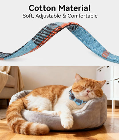 Upgraded Cat Collar with Bells, Breakaway Cat Collars with Bow Tie, 1 Pack Girl Boy Safety Plaid Kitten Collars, Haze Blue
