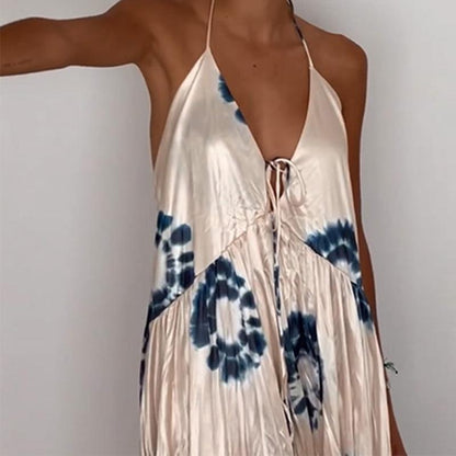 Summer New Women's Elegant Deep V Halter Lace-up Backless Long Dress