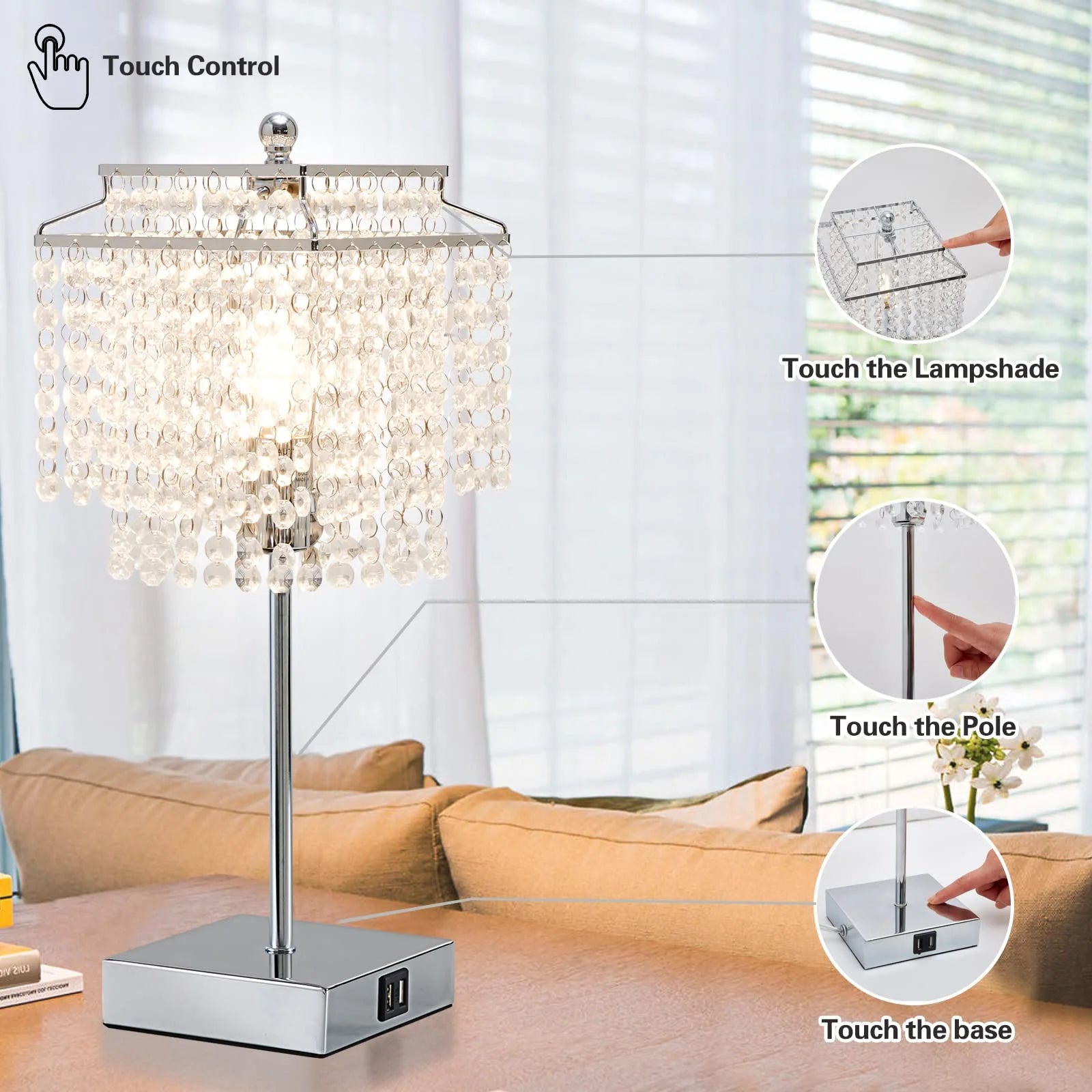Sleek Silver Modern Touch Table Lamp with Dual USB Charging Ports - 3-Way Dimmable Crystal Shade Nightstand Lamp for Girls Bedroom & Living Room