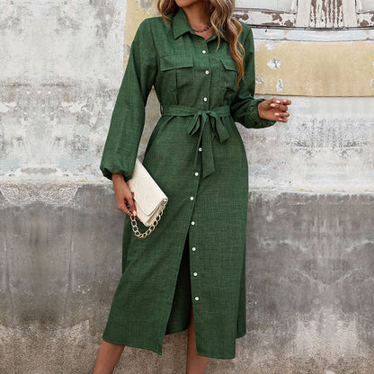 This women’s green long sleeve dress features a classic turn-down collar and solid color design for a timeless, flattering look.