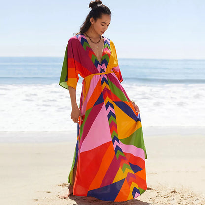 Pull-belt Long Dress Beach Jacket Sun Protection Robe