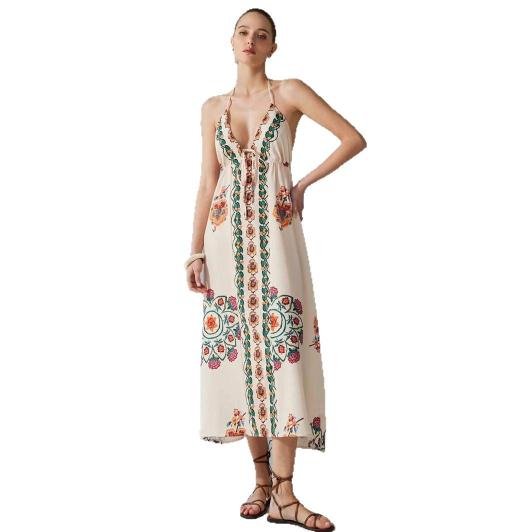 Vacation Spaghetti Straps Colorful Flower Print Maxi Dress