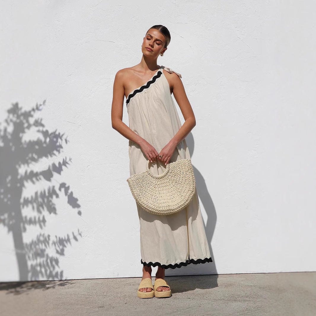 New Style Slant Shoulder Lace-up Vacation Style Long Women's Dress