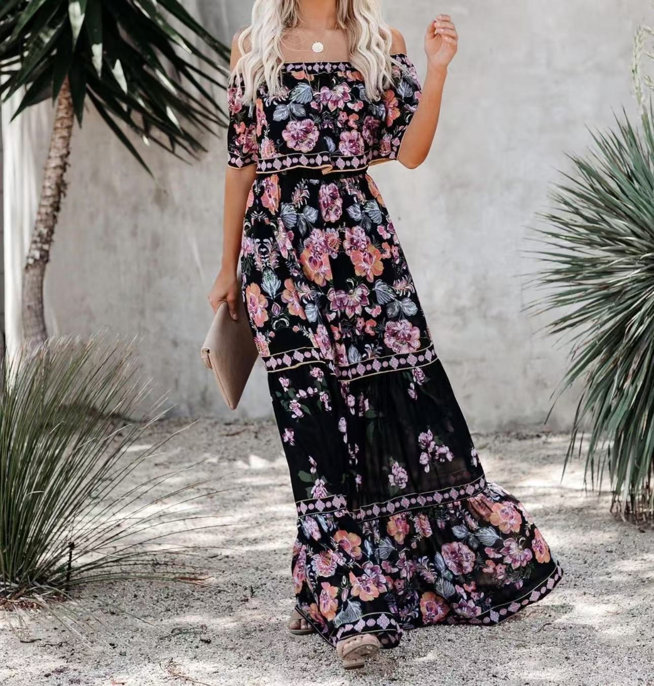 Summer European And American Off-shoulder Printing Belt Long Large Hem Dress