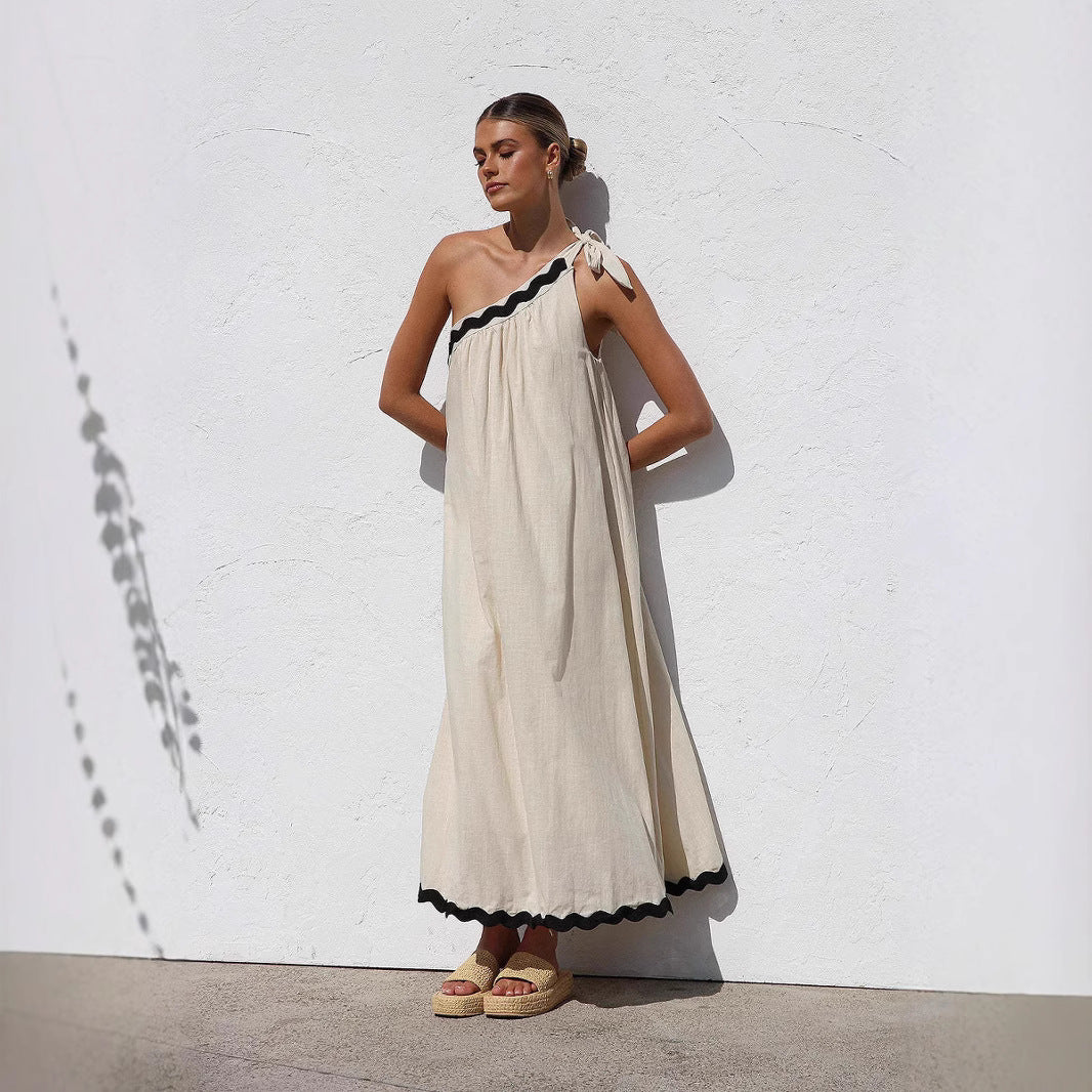 New Style Slant Shoulder Lace-up Vacation Style Long Women's Dress