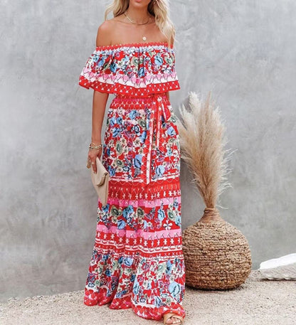Summer European And American Off-shoulder Printing Belt Long Large Hem Dress