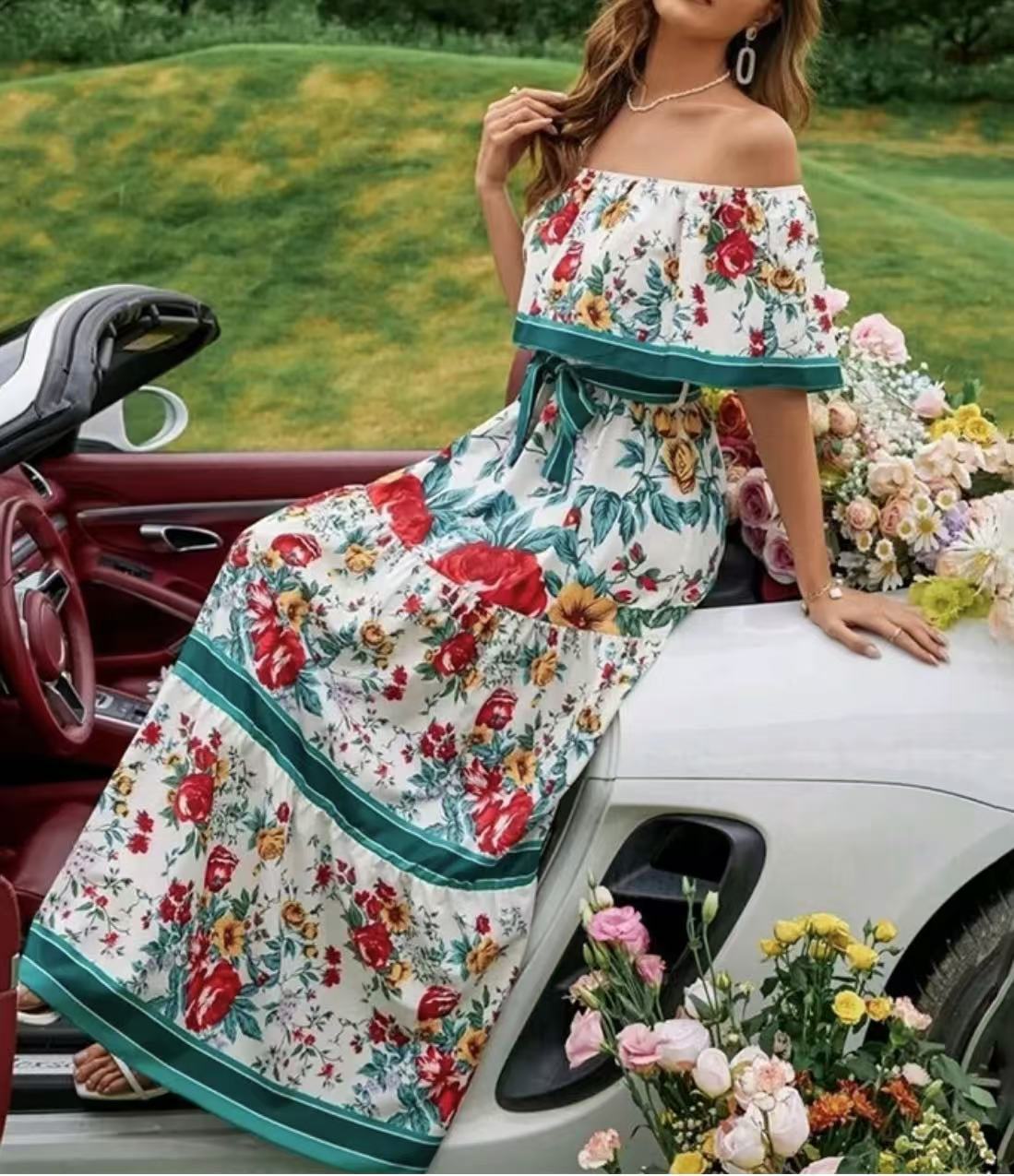 Summer European And American Off-shoulder Printing Belt Long Large Hem Dress