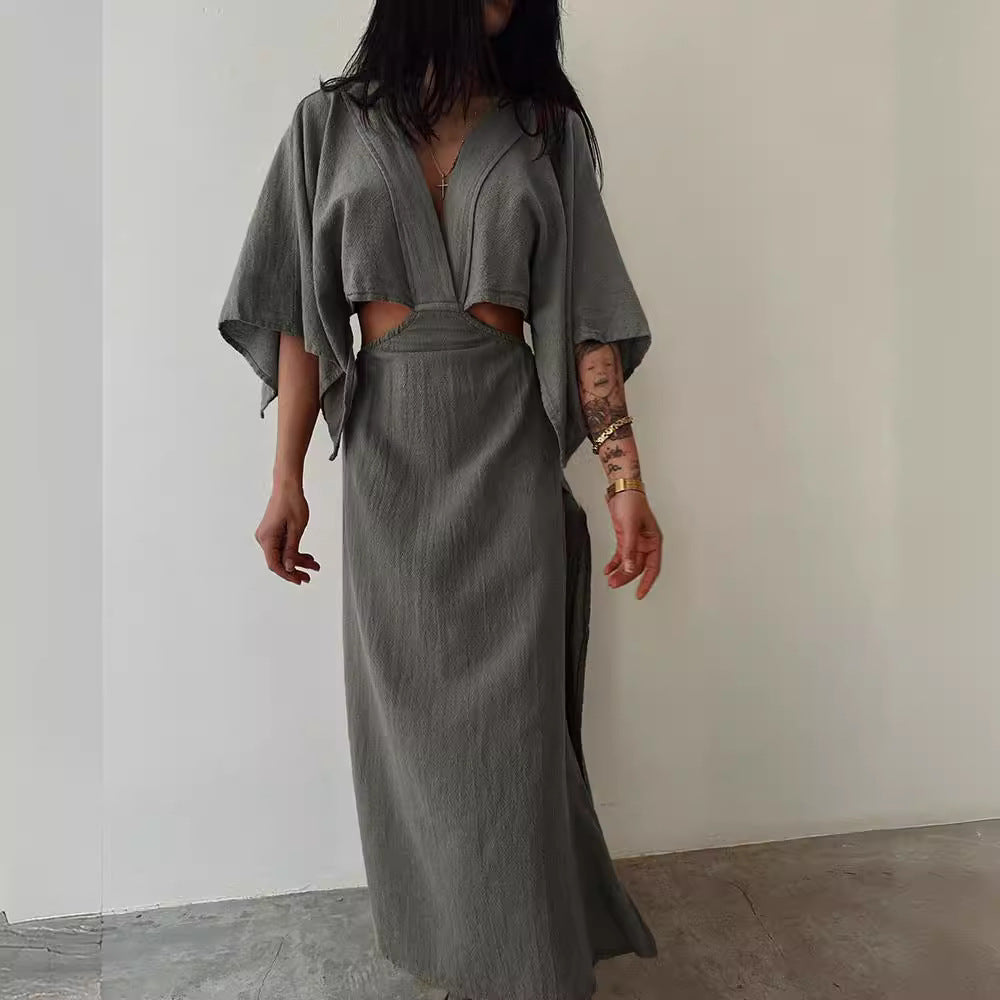 New Hollow Backless Sexy Slim Cotton And Linen Long Dress