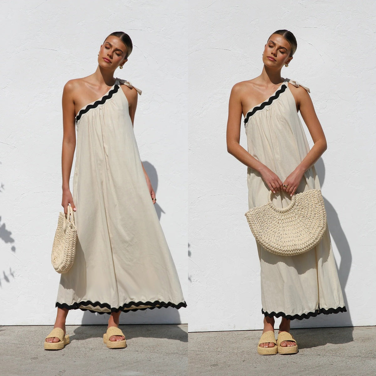 New Style Slant Shoulder Lace-up Vacation Style Long Women's Dress