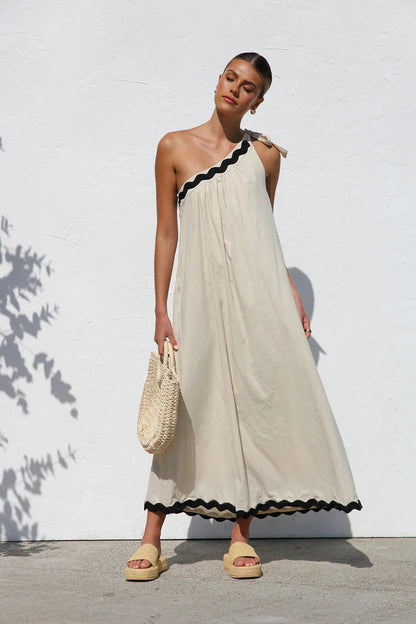 New Style Slant Shoulder Lace-up Vacation Style Long Women's Dress