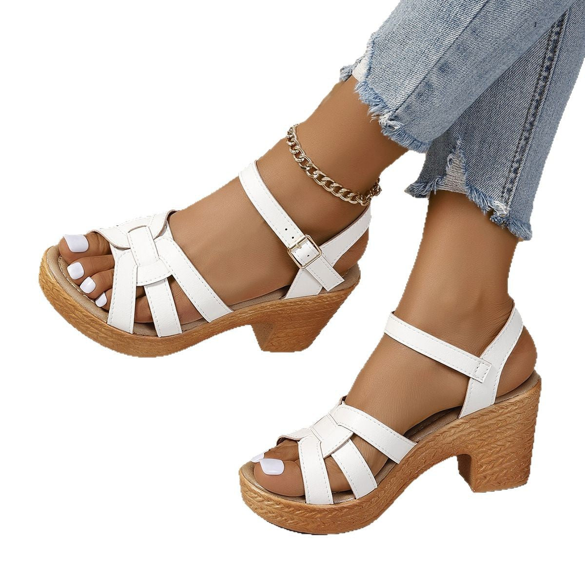 Plus Size Roman Women's Peep Toe Chunky Heel Buckle High Heel Sandals