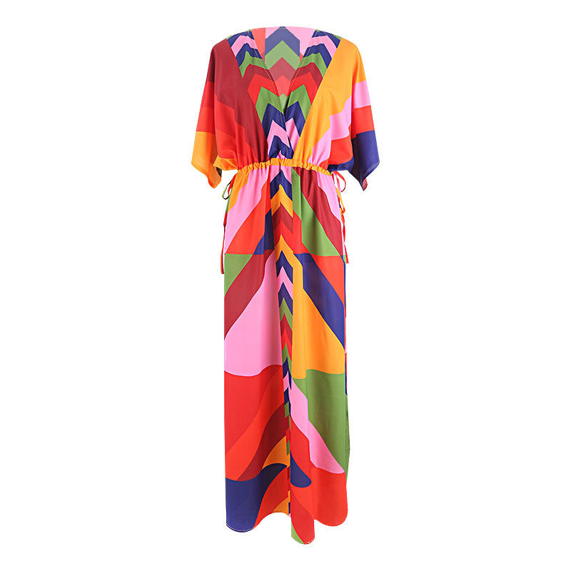 Polyester Printed Pull-belt Long Dress Beach Jacket Sun Protection Robe
