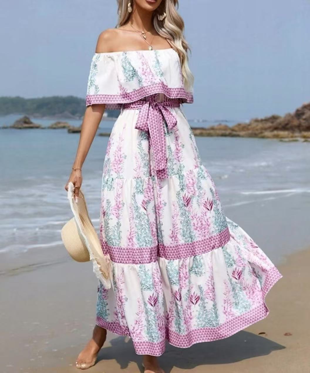 Summer European And American Off-shoulder Printing Belt Long Large Hem Dress
