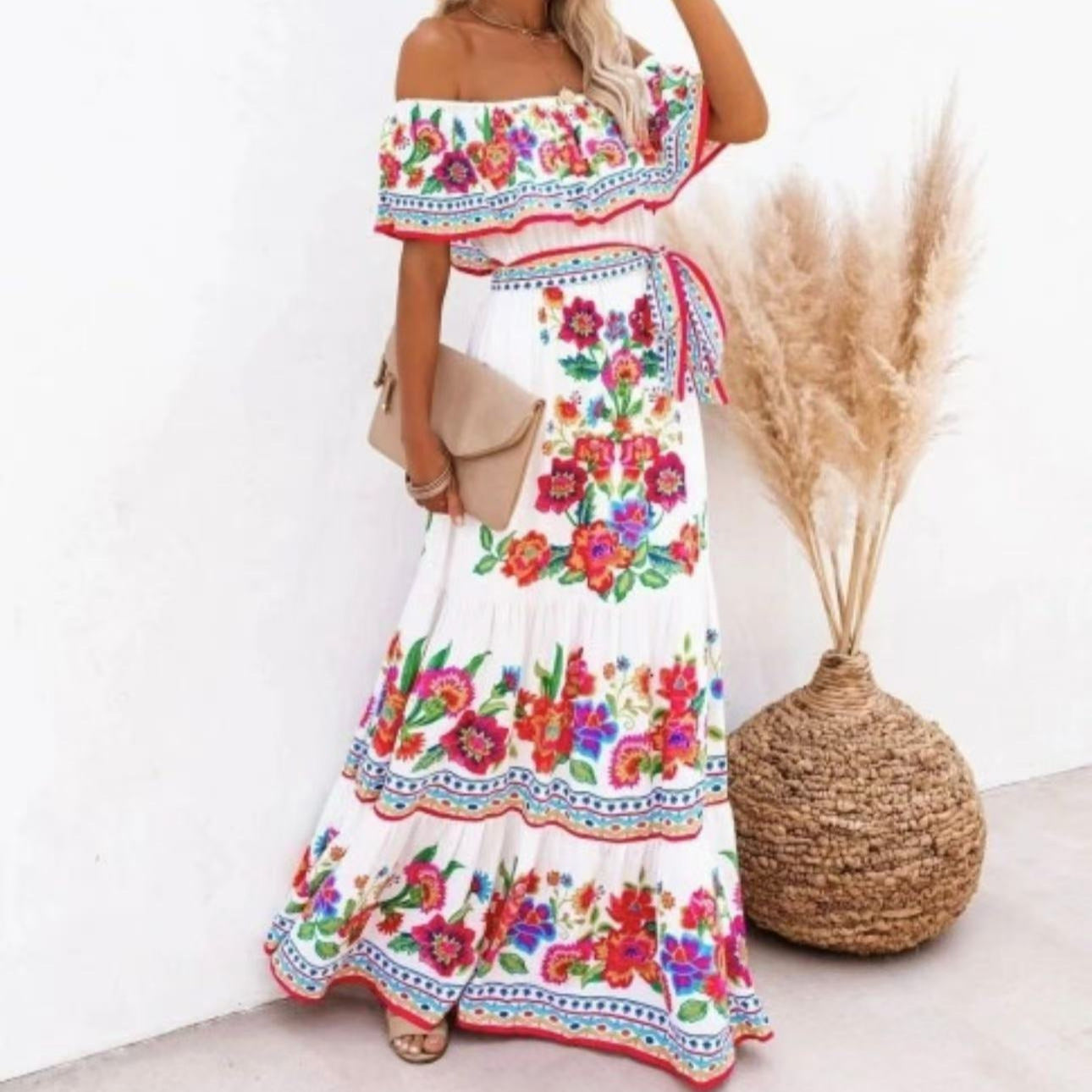 Summer European And American Off-shoulder Printing Belt Long Large Hem Dress