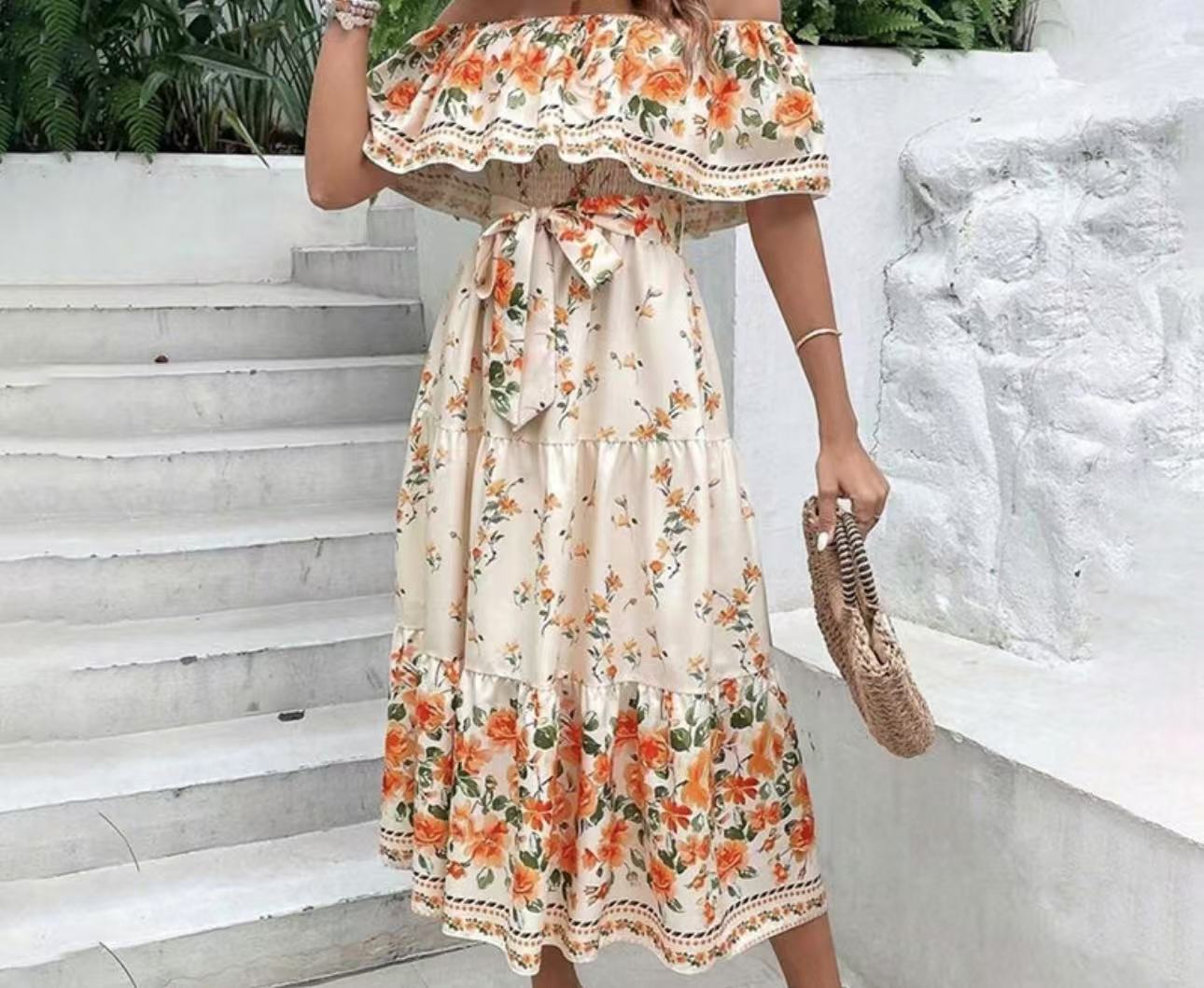 Summer European And American Off-shoulder Printing Belt Long Large Hem Dress
