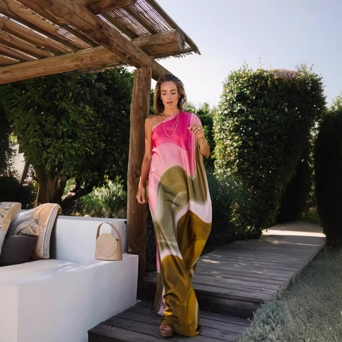 Sloping Shoulder Backless Printed Loose Dress