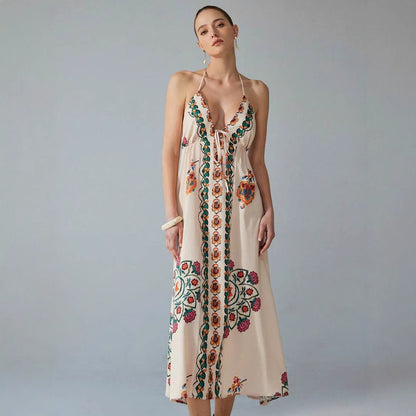 Vacation Spaghetti Straps Colorful Flower Print Maxi Dress
