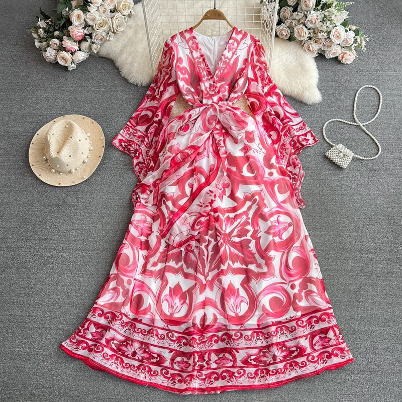 Light Luxury Temperament Flared Long Sleeve Waist Slimming Blue And White Porcelain Dress