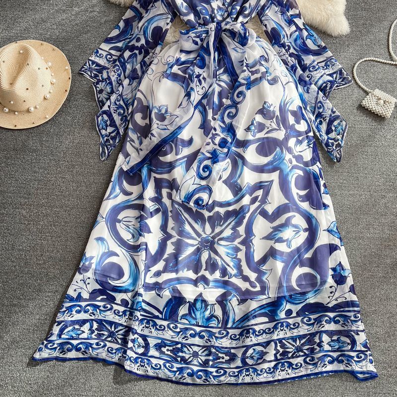 Light Luxury Temperament Flared Long Sleeve Waist Slimming Blue And White Porcelain Dress