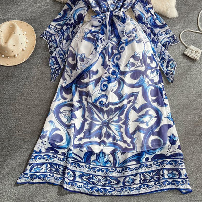 Light Luxury Temperament Flared Long Sleeve Waist Slimming Blue And White Porcelain Dress