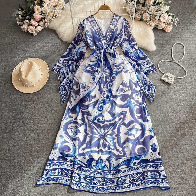 Light Luxury Temperament Flared Long Sleeve Waist Slimming Blue And White Porcelain Dress