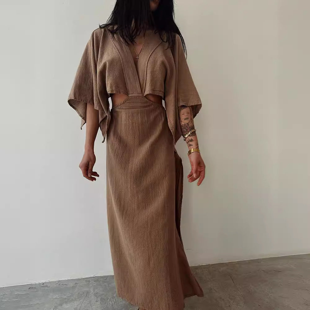 New Hollow Backless Sexy Slim Cotton And Linen Long Dress