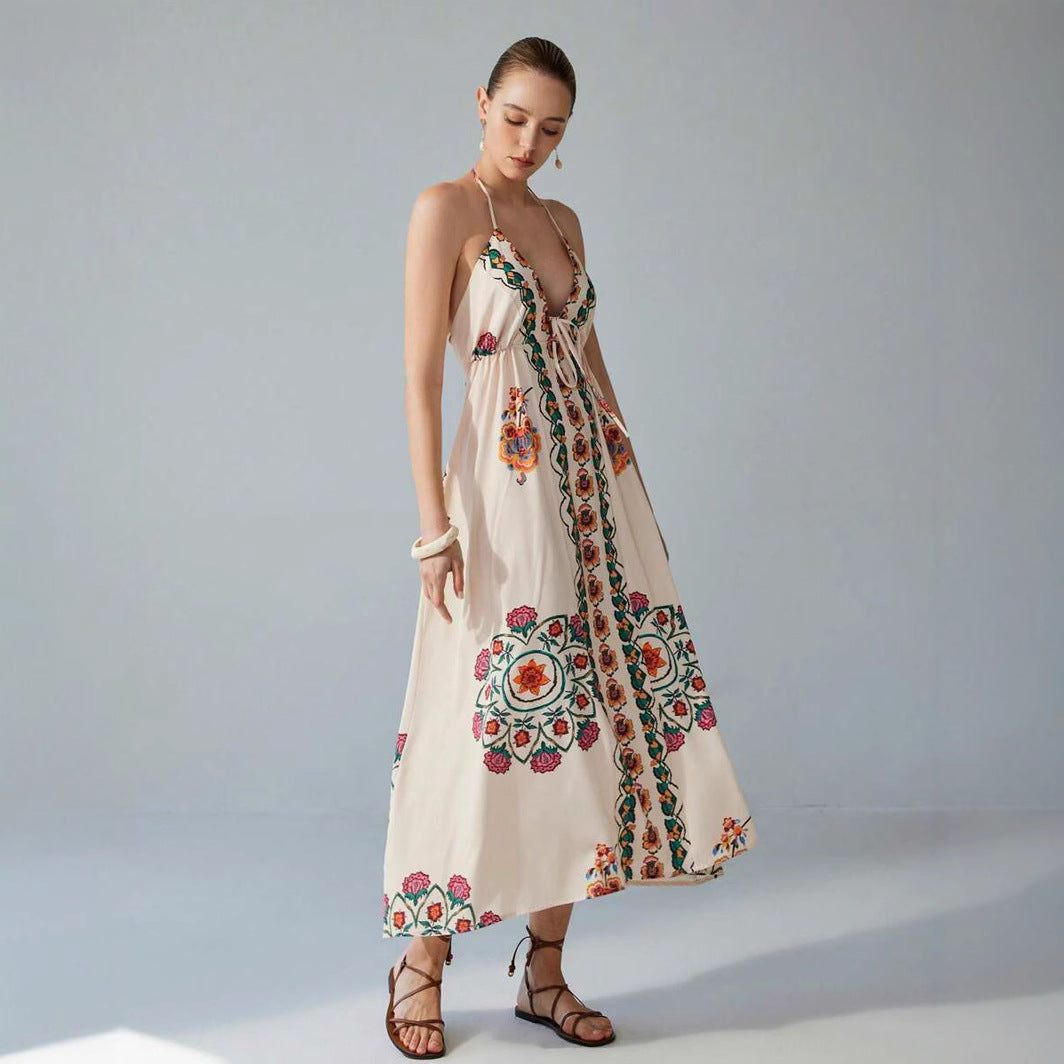 Vacation Spaghetti Straps Colorful Flower Print Maxi Dress