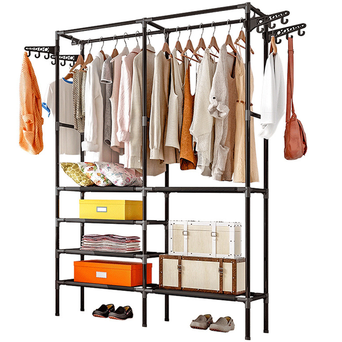 Heavy duty clothes rack with double rods, 4-tier shelves, and rotatable design. Perfect for organizing, storing, and displaying clothes in style.