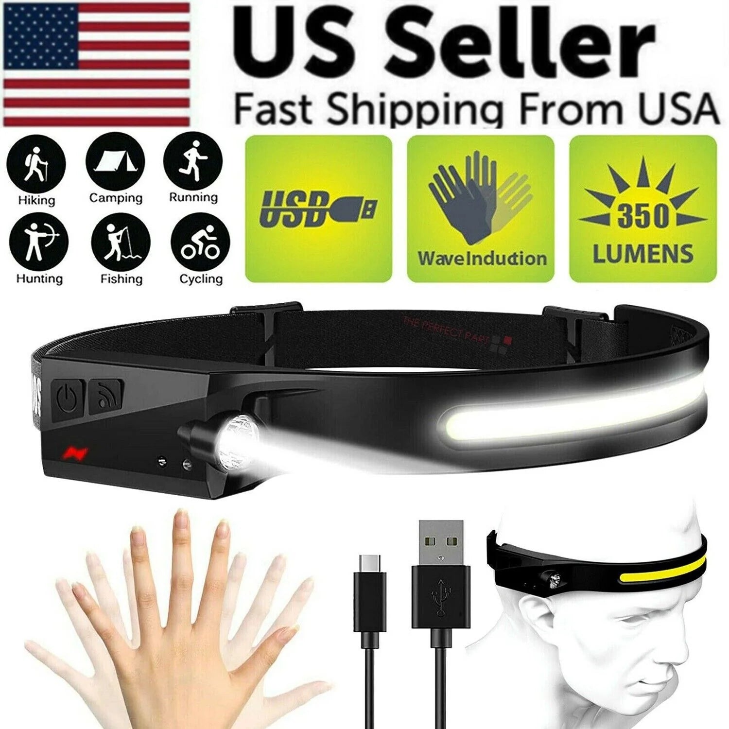 LED Headlamp USB Rechargeable Headlight Torch Work Light Bar Head Band Lamp