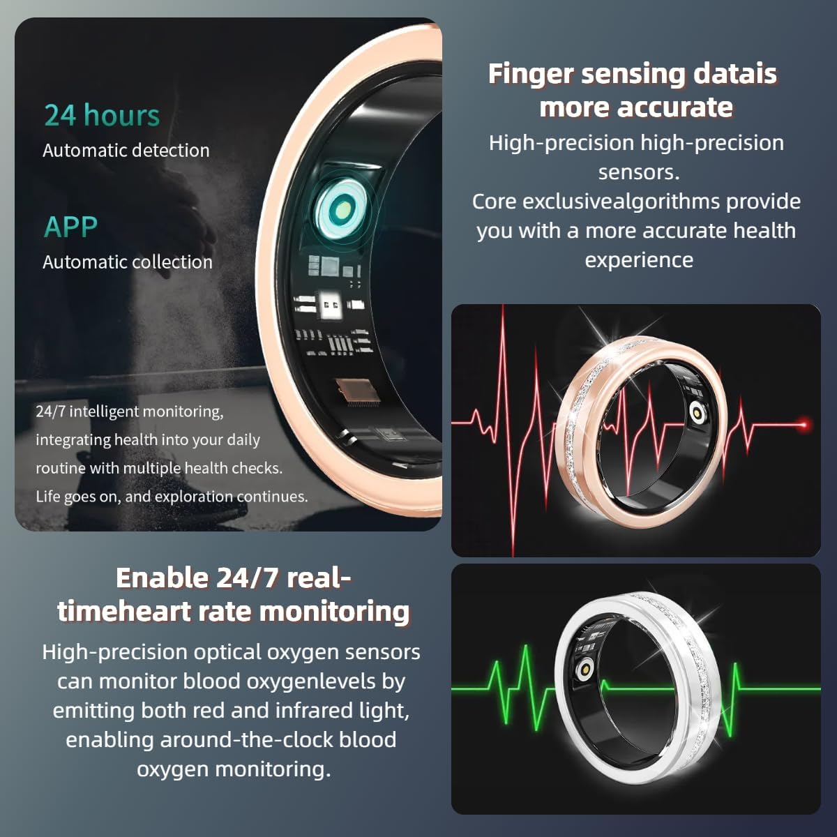 New Smart Ring For Women, Health & Fitness Tracker With Heart Rate, Blood Oxygen, Sleep Monitoring, Elegant Rose Gold With Crystal Accents, Waterproof