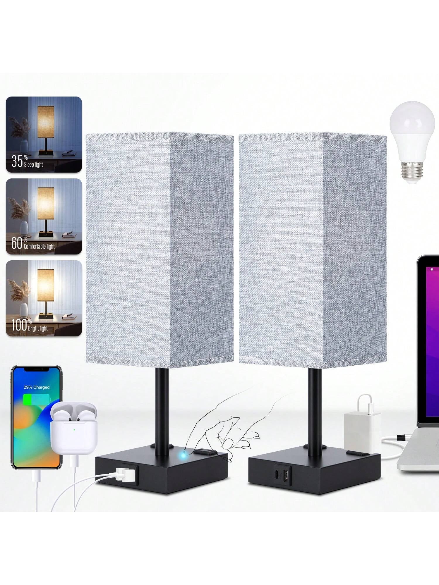 Stylish Touch Bedside Table Lamps Set of 2 - 3-Way Dimmable with USB & AC Ports, Perfect for Bedroom & Living Room (Bulb Included)