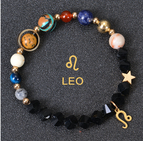 Carry the energy of the cosmos wherever you go. This Eight Planets Twelve Constellations Frosted Stone Beaded Bracelet blends.