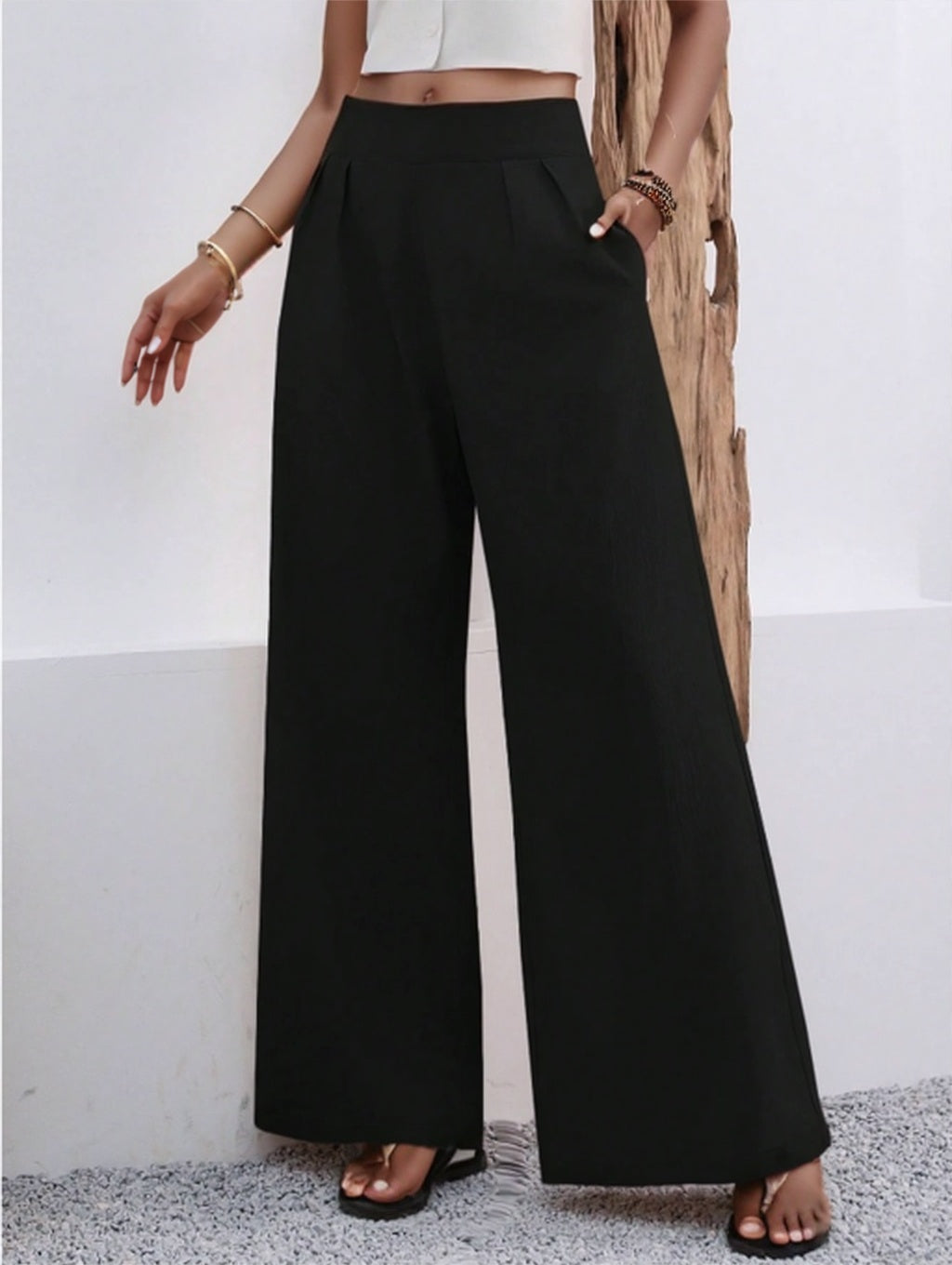 Solid Color Loose Wide Leg Elegant Pants With Pocket