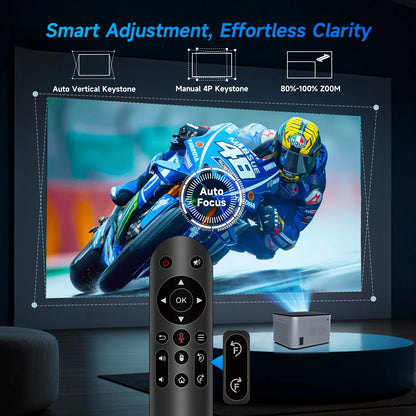 Experience the Future of Home Cinema with the Auto Focus Smart Projector - 4K, Android 11, 580 ANSI, WiFi 6 & BT 5.0!