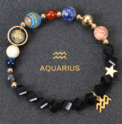 Carry the energy of the cosmos wherever you go. This Eight Planets Twelve Constellations Frosted Stone Beaded Bracelet blends.