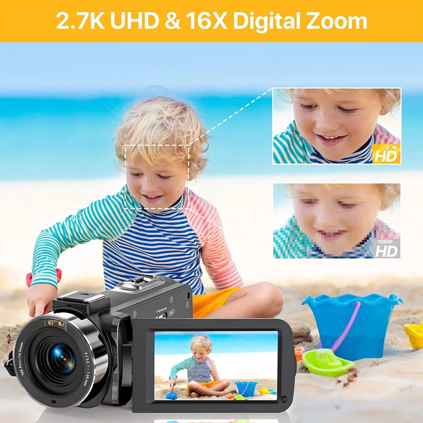 2.7K Video Camera Camcorder for YouTube Vlogging - Digital Camera with IPS Display, 36MP Resolution, and 16X Digital Zoom