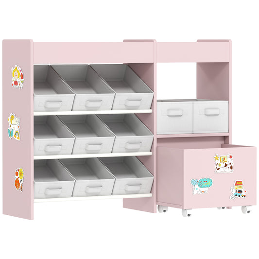 Kids Toy Storage Unit With 11 Bins, Cabinet, Top Shelves, 3 Stickers, For Nursery, Playroom, Pink