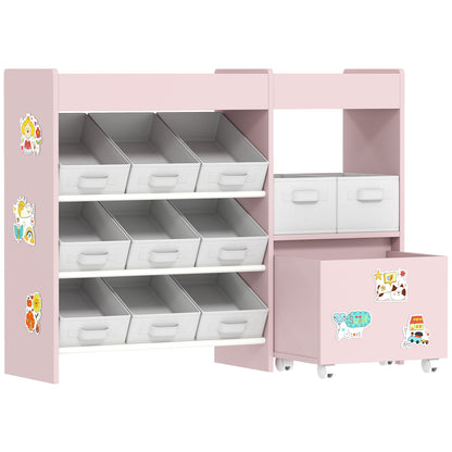 Kids Toy Storage Unit With 11 Bins, Cabinet, Top Shelves, 3 Stickers, For Nursery, Playroom, Pink