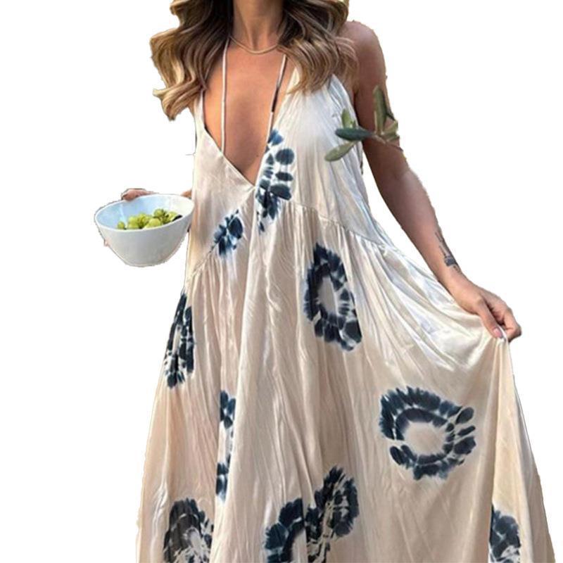 Summer New Women's Elegant Deep V Halter Lace-up Backless Long Dress