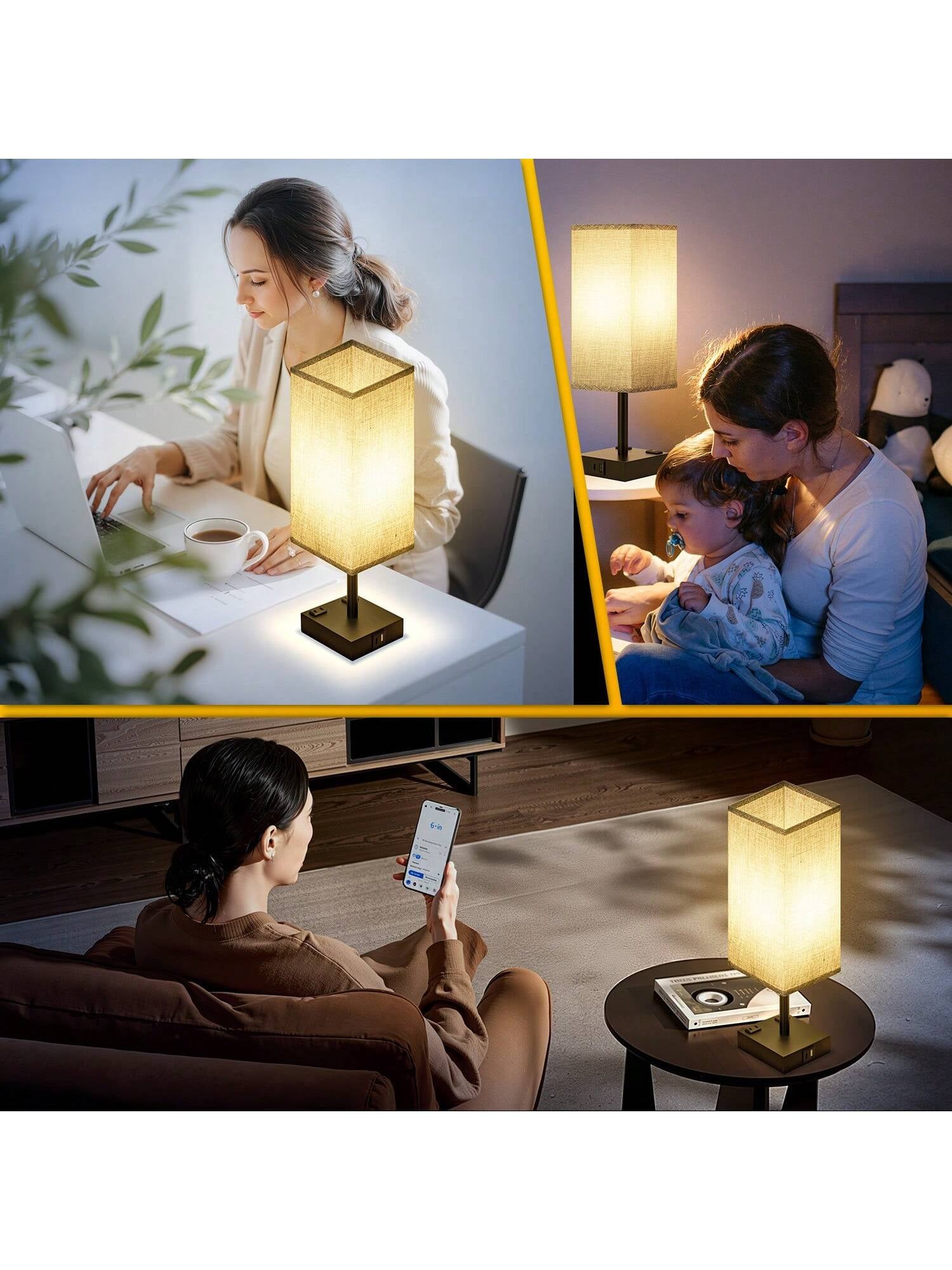 Stylish Touch Bedside Table Lamps Set of 2 - 3-Way Dimmable with USB & AC Ports, Perfect for Bedroom & Living Room (Bulb Included)
