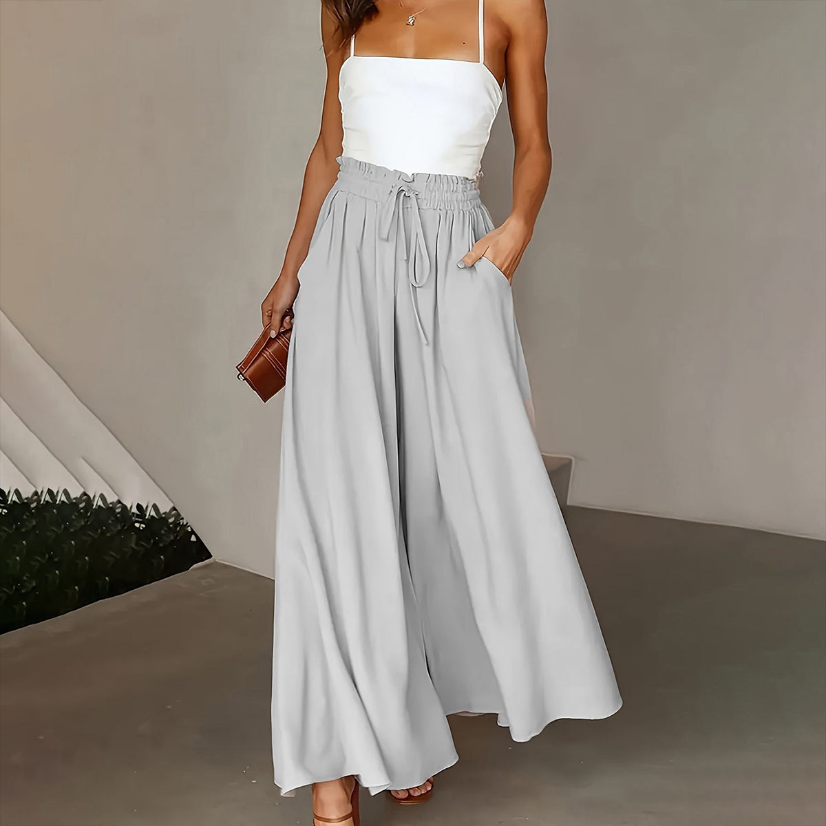 New Casual Elastic High Waist Solid Color Wide Leg Pants