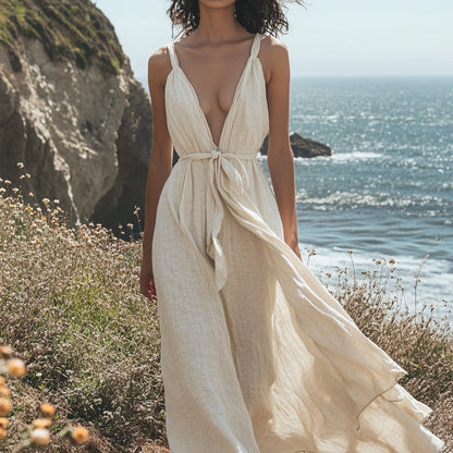 Cotton And Linen Suspender Strap Maxi Dress