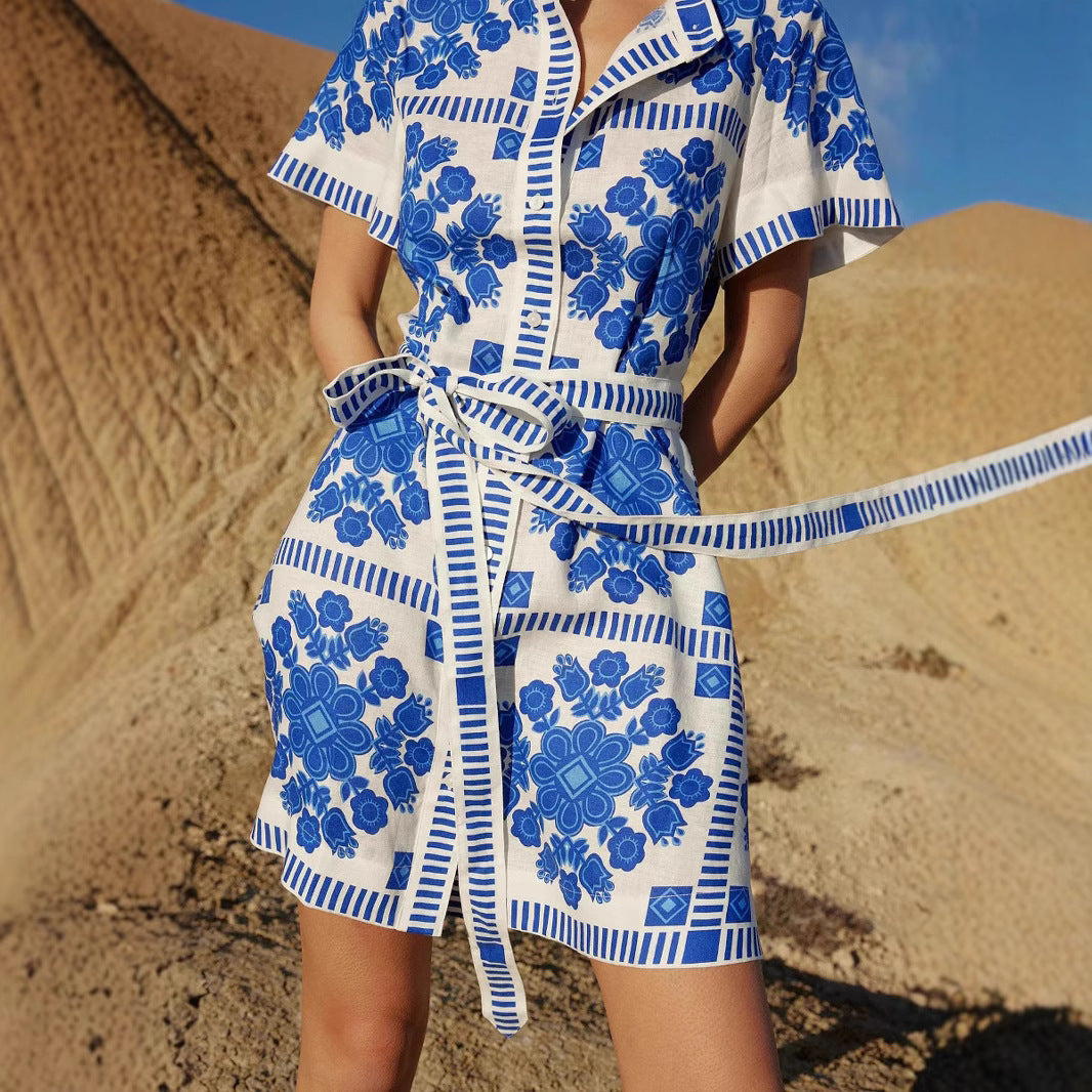 Women's Fashion Printed Lace Up Dress