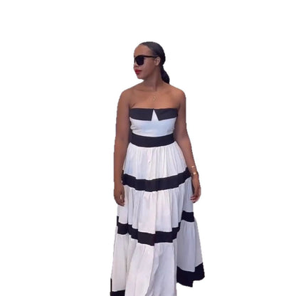 Elegant Contrast Color Off-the-shoulder Striped Dress