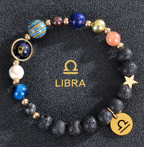 Carry the energy of the cosmos wherever you go. This Eight Planets Twelve Constellations Frosted Stone Beaded Bracelet blends.