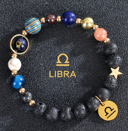 Carry the energy of the cosmos wherever you go. This Eight Planets Twelve Constellations Frosted Stone Beaded Bracelet blends.