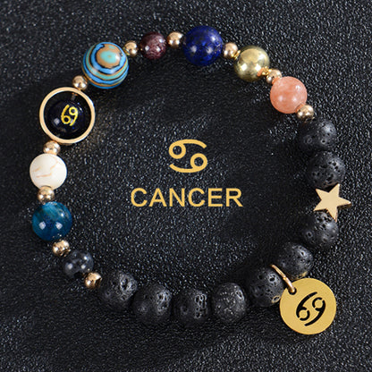 Carry the energy of the cosmos wherever you go. This Eight Planets Twelve Constellations Frosted Stone Beaded Bracelet blends.