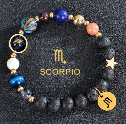 Carry the energy of the cosmos wherever you go. This Eight Planets Twelve Constellations Frosted Stone Beaded Bracelet blends.