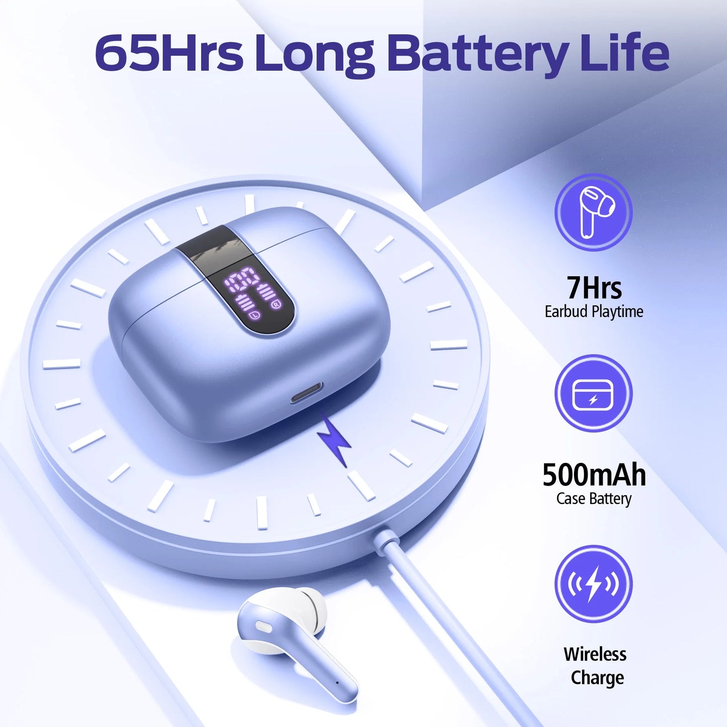 VEATOOL True Wireless Bluetooth Earbuds - 65H Playback, IPX7 Waterproof, Wireless Charging Case, In-Ear with Mic for TV, Smartphone, Computer & Laptop